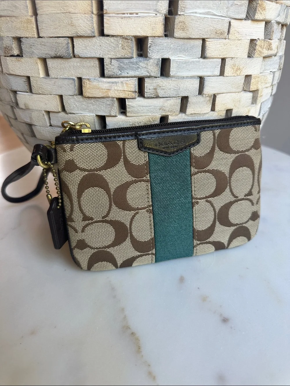 Coach Khaki & Brown Signature Wristlet with Teal Center Stripe